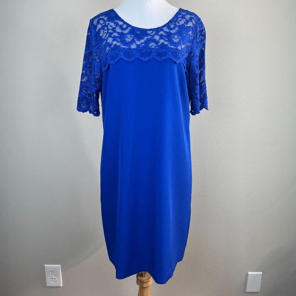 Belle Badgley Mischka Dress 8 Blue Lace Short‎ Sleeve Shift Mini Party Womens - Picture 1 of 8